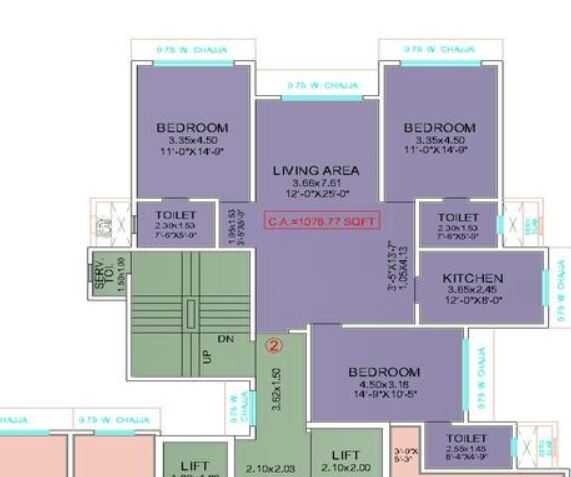 Floor plan of 3 BHK 1077 Sq. Ft. Apartment in Pr Jolly Friends, Mumbai