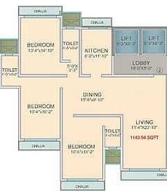 Floor plan of 3 BHK 1143 Sq. Ft. Apartment in Pr  Khar Sundeep, Mumbai