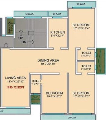 Floor plan of 3 BHK 1195 Sq. Ft. Apartment in Pr  Khar Sundeep, Mumbai