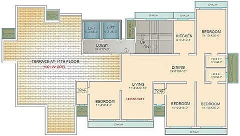 Floor plan of 4 BHK 1403 Sq. Ft. Apartment in Pr  Khar Sundeep, Mumbai