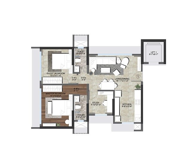 Floor plan of 2 BHK 681 Sq. Ft. Apartment in Prabhat Bageshree, Mumbai
