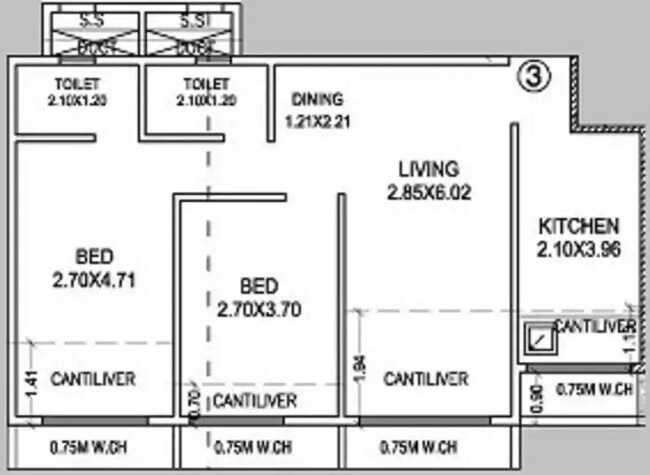 Floor plan of 2 BHK 661 Sq. Ft. Apartment in Prabhav Amberley Tower, Mumbai