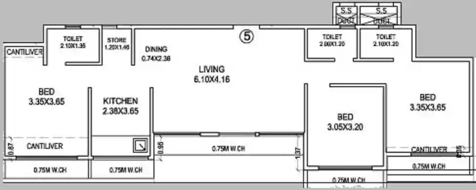 Floor plan of 3 BHK 942 Sq. Ft. Apartment in Prabhav Amberley Tower, Mumbai