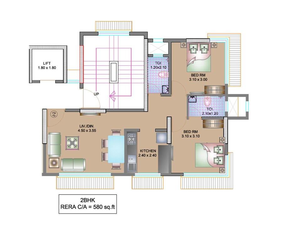 Floor plan of 2 BHK 580 Sq. Ft. Apartment in Prabhav Arisha, Mumbai