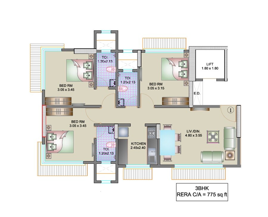 Floor plan of 3 BHK 776 Sq. Ft. Apartment in Prabhav Arisha, Mumbai