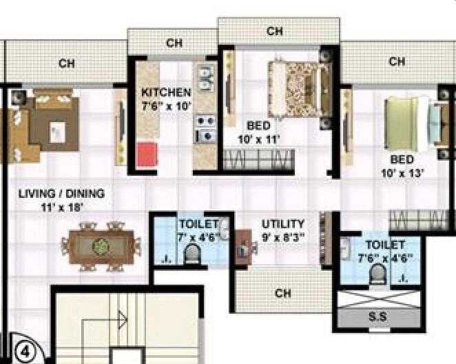 Floor plan of 2 BHK 1150 Sq. Ft. Apartment in Prabhav Manibhadra Tower, Mumbai