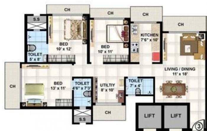 Floor plan of 3 BHK 1550 Sq. Ft. Apartment in Prabhav Manibhadra Tower, Mumbai