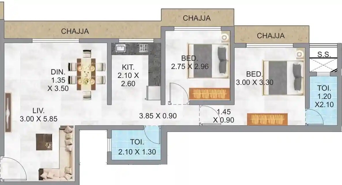 Floor plan of 2 BHK Apartment - 627 sq. ft. in Pragati Icon Ghatkopar, Mumbai
