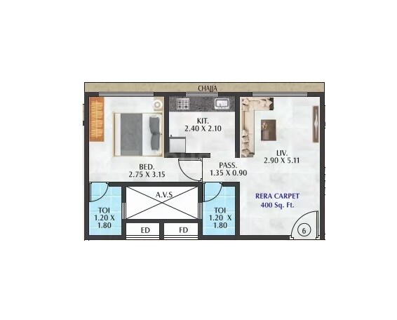 Floor plan of 1 BHK 400 Sq. Ft. Apartment in Pragati Pinnacle, Mumbai
