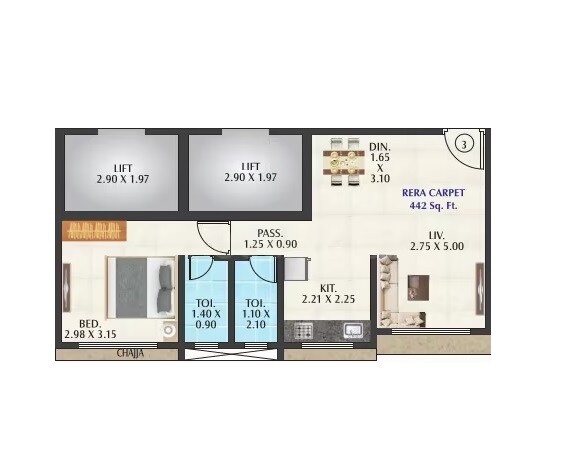 Floor plan of 1 BHK 442 Sq. Ft. Apartment in Pragati Pinnacle, Mumbai