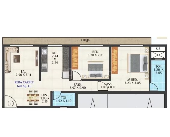 Floor plan of 2 BHK 628 Sq. Ft. Apartment in Pragati Pinnacle, Mumbai