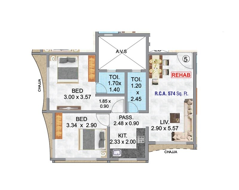 Floor plan of 2 BHK 574 Sq. Ft. Apartment in Pragati Revanta, Mumbai