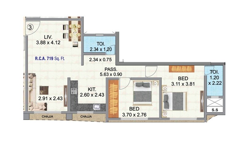 Floor plan of 2 BHK 719 Sq. Ft. Apartment in Pragati Revanta, Mumbai