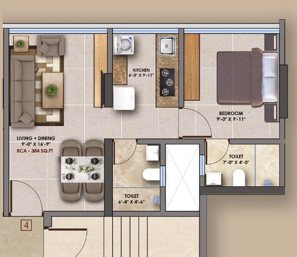 Floor plan of 1 BHK 384 Sq. Ft. Apartment in Pranami Bliss, Mumbai