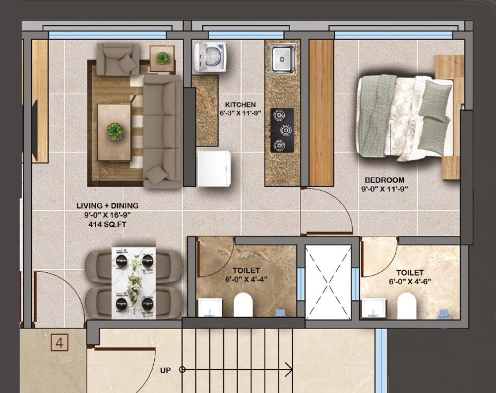 Floor plan of 1 BHK 414 Sq. Ft. Apartment in Pranami Bliss, Mumbai