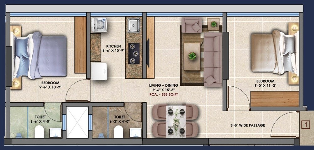Floor plan of 2 BHK 533 Sq. Ft. Apartment in Pranami Bliss, Mumbai