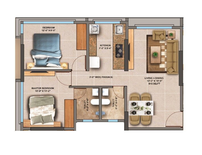 Floor plan of 2 BHK 610 Sq. Ft. Apartment in Pranami Bliss, Mumbai