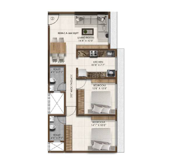 2 BHK 664 Sq. Ft. Apartment