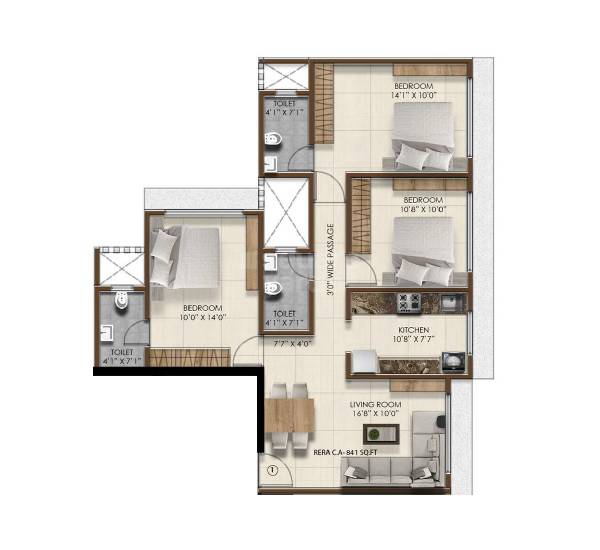 3 BHK 841 Sq. Ft. Apartment