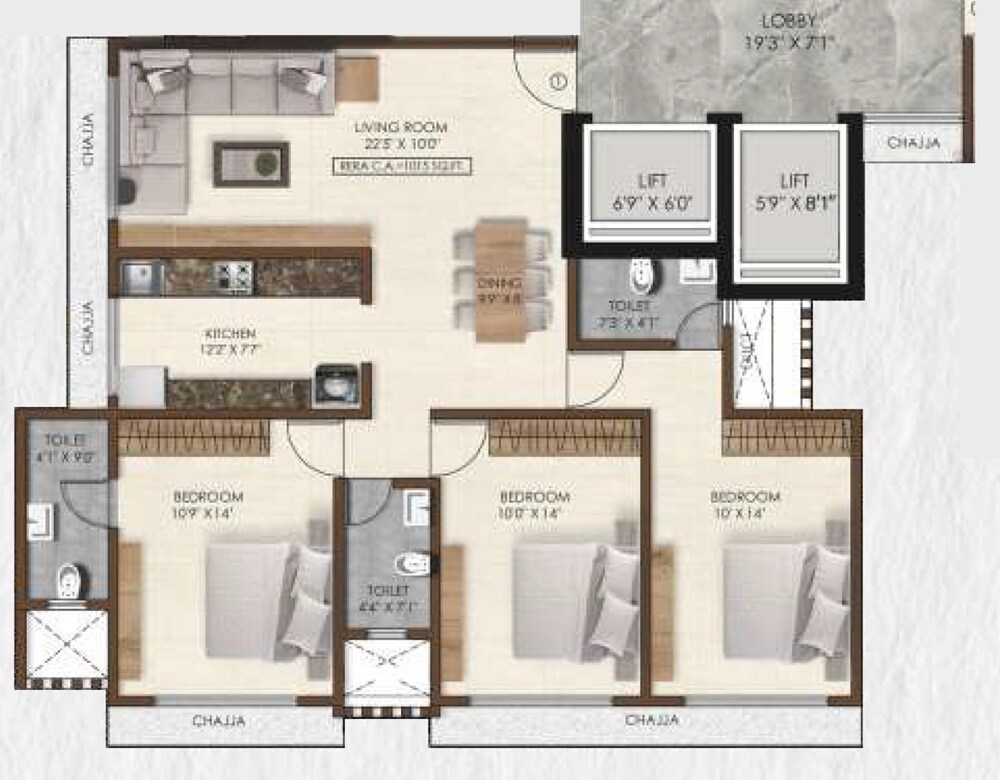 Floor plan of 3 BHK 1015 Sq. Ft. Apartment in Pranav Daulatrao Desai Nagar CHS, Mumbai