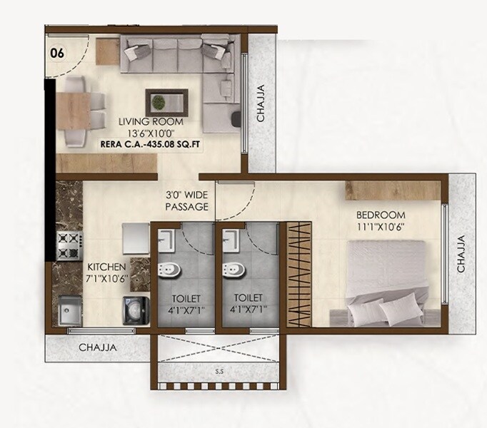 Floor plan of 1 BHK 435 Sq. Ft. Apartment in Pranav Falcon Crest, Mumbai