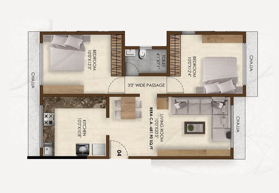 Floor plan of 2 BHK 681 Sq. Ft. Apartment in Pranav Falcon Crest, Mumbai