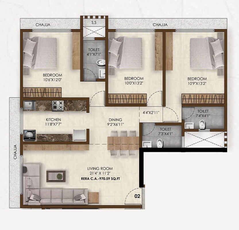 Floor plan of 3 BHK 970 Sq. Ft. Apartment in Pranav Falcon Crest, Mumbai