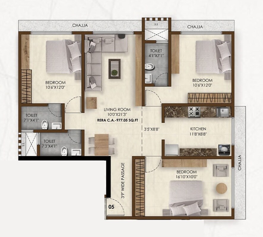 Floor plan of 3 BHK 977 Sq. Ft. Apartment in Pranav Falcon Crest, Mumbai