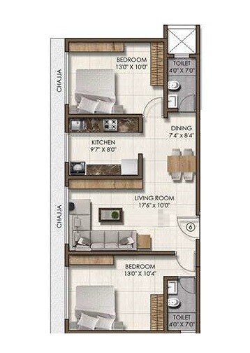 Floor plan of 2 BHK 564 Sq. Ft. Apartment in Pranav Flora Enclave, Mumbai