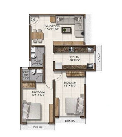 Floor plan of 2 BHK 680 Sq. Ft. Apartment in Pranav Flora Enclave, Mumbai