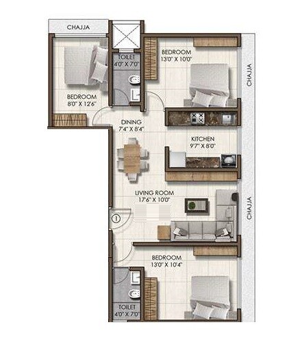 Floor plan of 3 BHK 783 Sq. Ft. Apartment in Pranav Flora Enclave, Mumbai