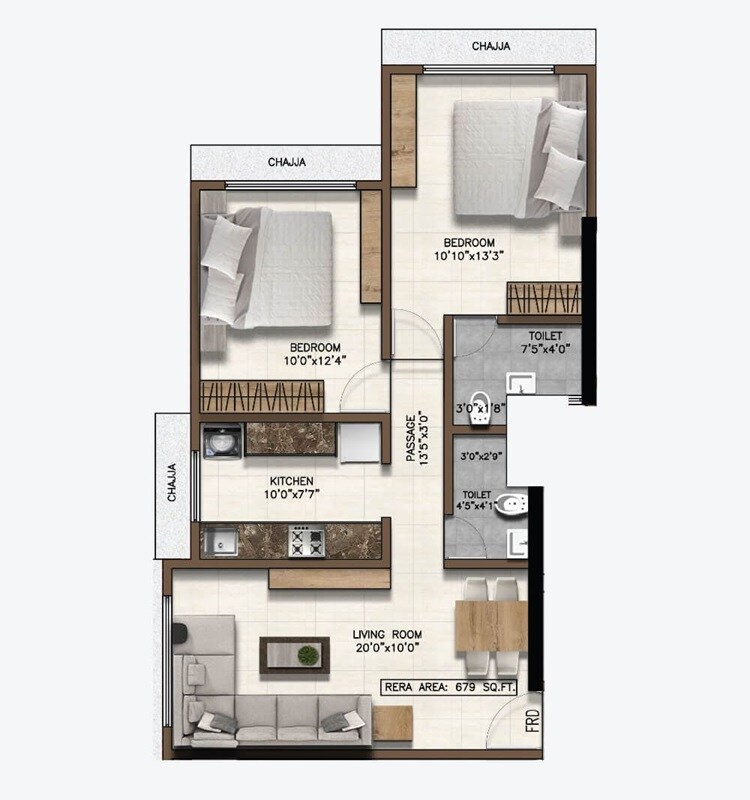 Floor plan of 2 BHK 679 Sq. Ft. Apartment in Pranav Gala Apartments CHSL, Mumbai