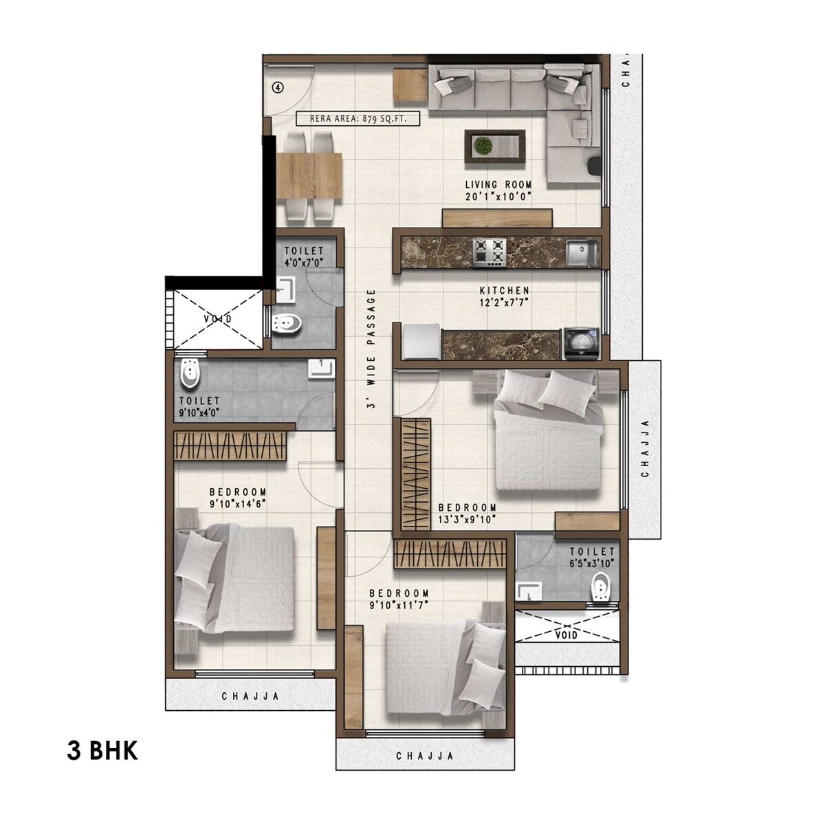 Floor plan of 3 BHK 879 Sq. Ft. Apartment in Pranav Gala Apartments CHSL, Mumbai