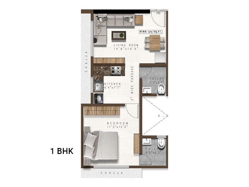 Floor plan of 1 BHK 424 Sq. Ft. Apartment in Pranav Gold Coin Residency, Mumbai