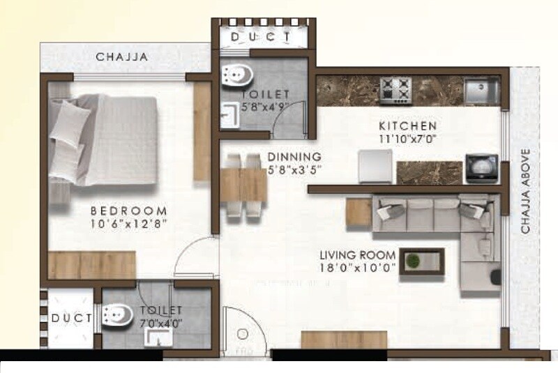 Floor plan of 1 BHK 553 Sq. Ft. Apartment in Pranav Gold Coin Residency, Mumbai