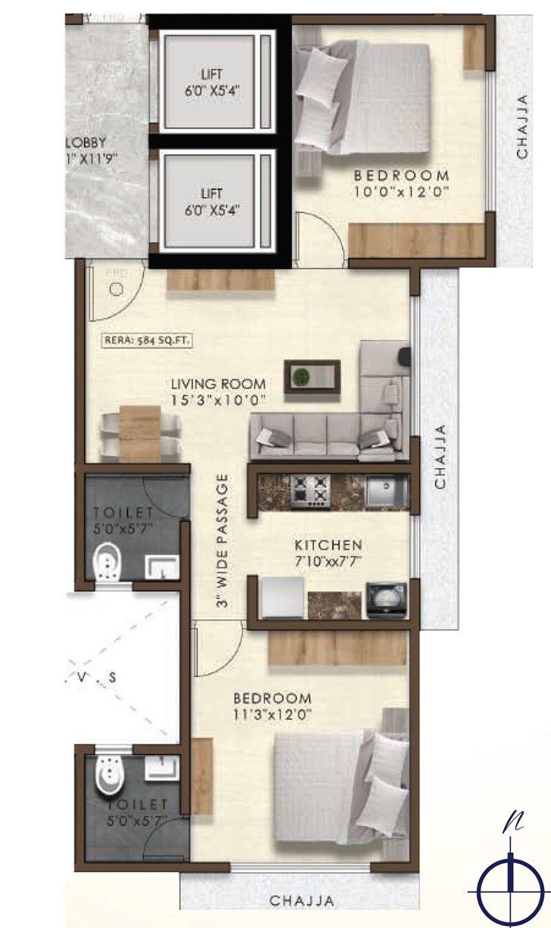 Floor plan of 2 BHK 584 Sq. Ft. Apartment in Pranav Gold Coin Residency, Mumbai