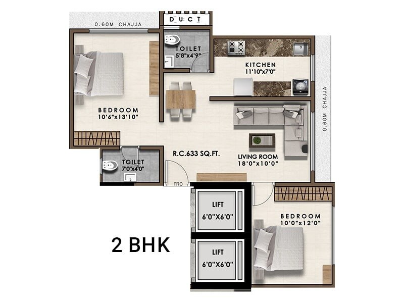 Floor plan of 2 BHK 633 Sq. Ft. Apartment in Pranav Gold Coin Residency, Mumbai