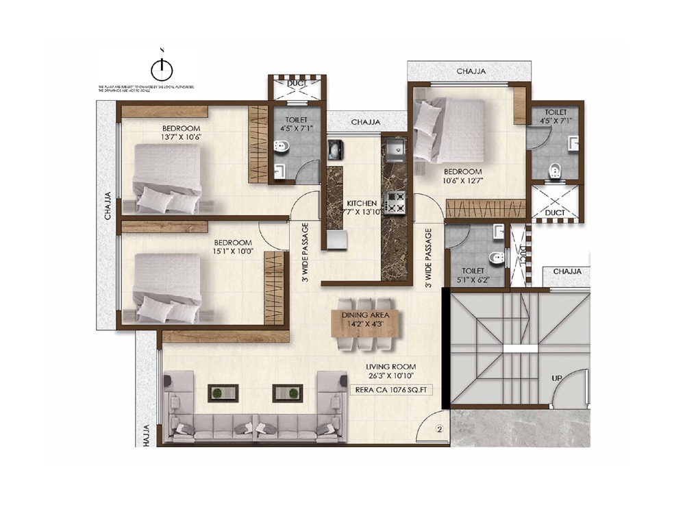 Floor plan of 3 BHK 1076 Sq. Ft. Apartment in Pranav Jamuna Mahal CHS, Mumbai