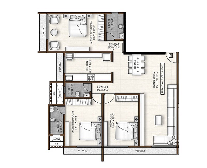 3 BHK 1110 Sq. Ft. Apartment