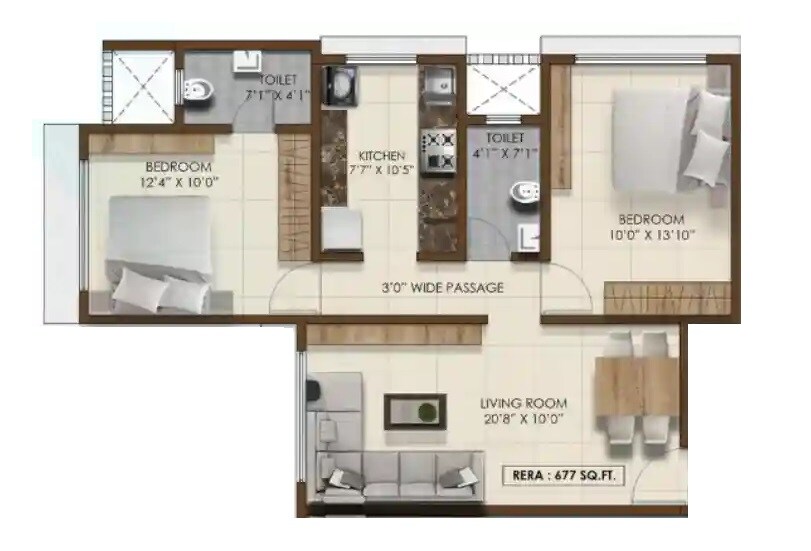 Floor plan of 2 BHK 677 Sq. Ft. Apartment in Pranav Lakshman Tower CHS, Mumbai