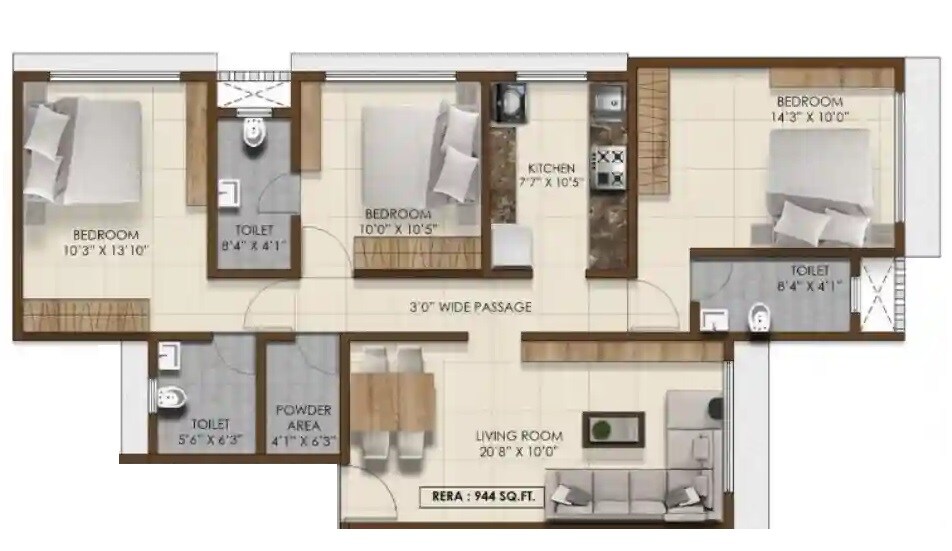 Floor plan of 3 BHK 944 Sq. Ft. Apartment in Pranav Lakshman Tower CHS, Mumbai