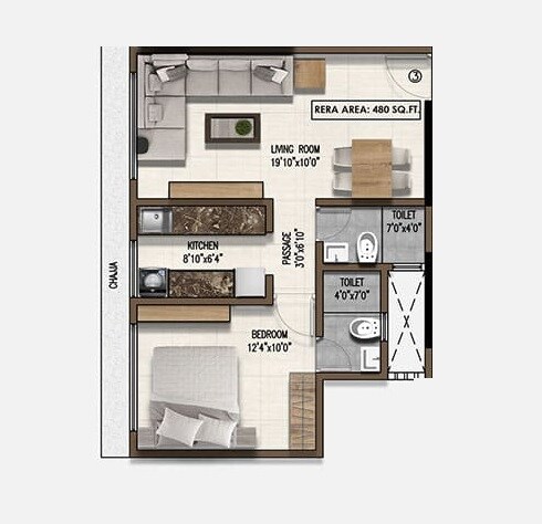 Floor plan of 1 BHK 480 Sq. Ft. Apartment in Pranav Mayur Residency, Mumbai