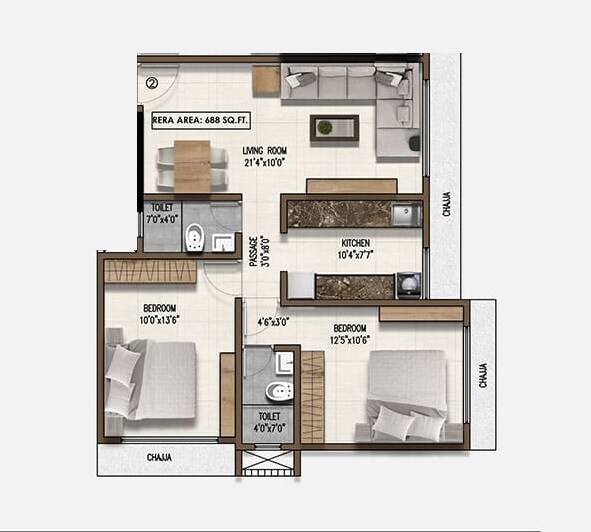 2 BHK 617 Sq. Ft. Apartment