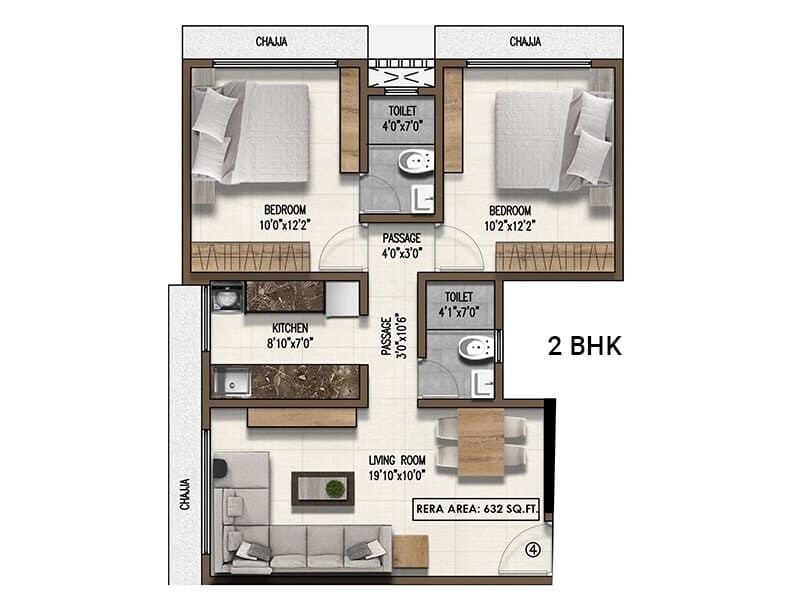 Floor plan of 2 BHK 632 Sq. Ft. Apartment in Pranav Mayur Residency, Mumbai