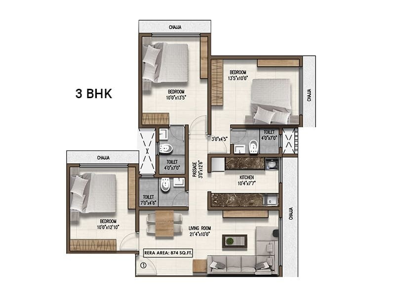 Floor plan of 3 BHK 874 Sq. Ft. Apartment in Pranav Mayur Residency, Mumbai
