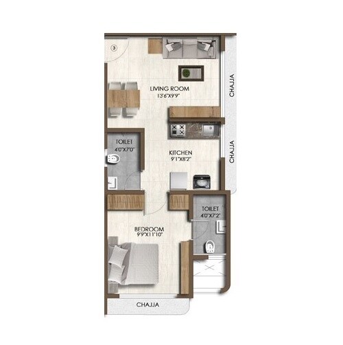 Floor plan of 1 BHK 366 Sq. Ft. Apartment in Pranav Mettivilla, Mumbai