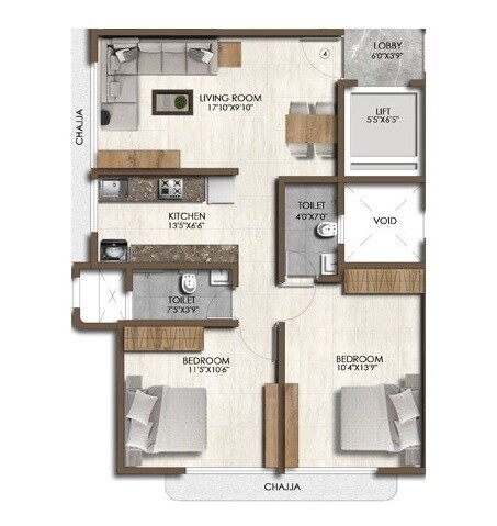Floor plan of 2 BHK 636 Sq. Ft. Apartment in Pranav Mettivilla, Mumbai