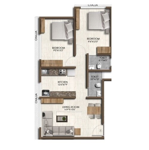 Floor plan of 2 BHK 595 Sq. Ft. Apartment in Pranav Mettivilla CHS, Mumbai