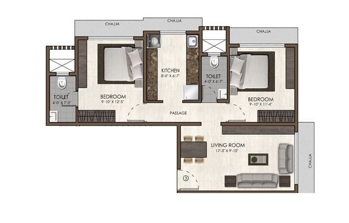 Floor plan of 2 BHK 601 Sq. Ft. Apartment in Pranav Navchandrakunj CHS, Mumbai