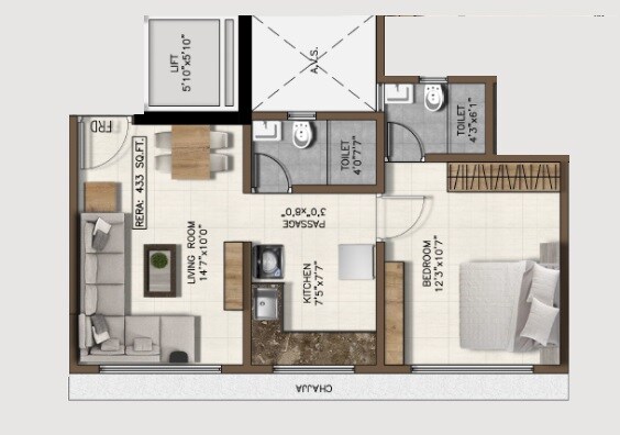 Floor plan of 1 BHK 450 Sq. Ft. Apartment in Pranav Ohana, Mumbai